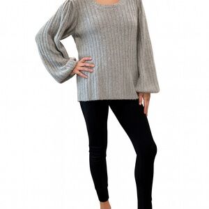 Gray Ribbed Knit Sweater Bell Cuff Sleeves